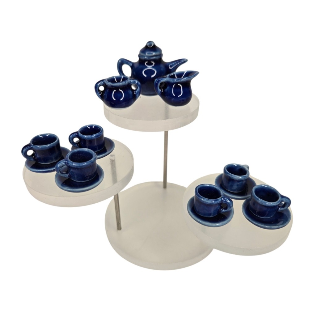 Dollhouse Miniature Tea Set Cobalt Blue 15 pc Teapot Cups Plates 1:12 Scale